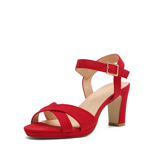 Chunky Heel Ankle Strap Sandals - RED SUEDE -  0